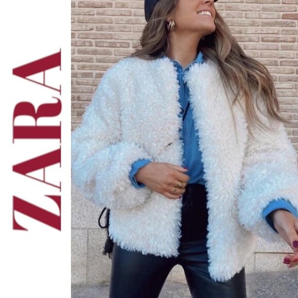 NWOT ZARA *BLOGGER FAVORITE* Faux Fur Fluffy White Snow Bunny Teddy Jacket Large - Picture 1 of 14